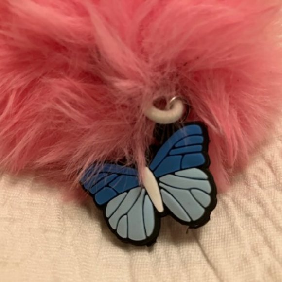 Pink Fluff Ball with Butterfly Key Chain - Picture 2 of 3